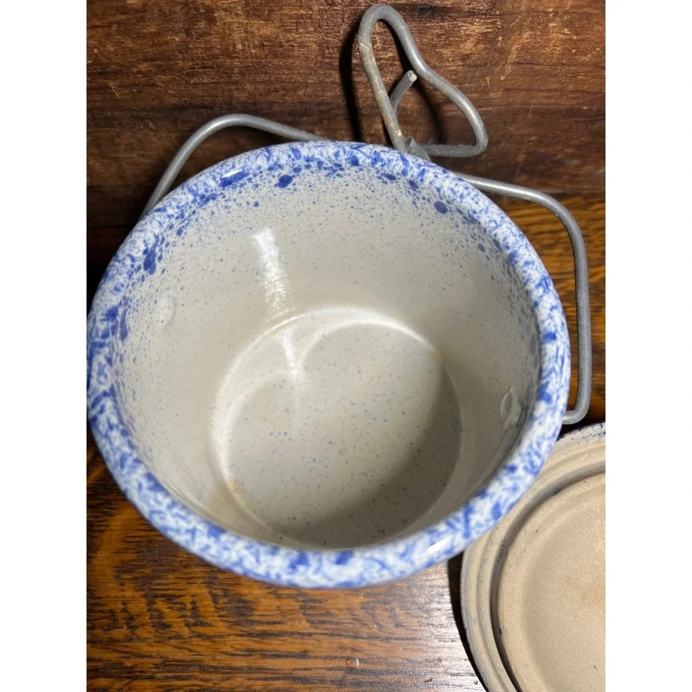 Vintage Pine River Blue Spongeware Stoneware Crock with Lid and Wire Bale Handle